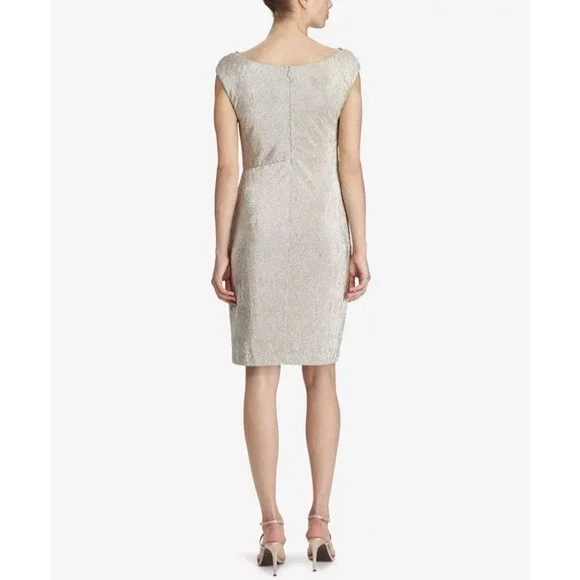 LAUREN RALPH LAUREN Plus Metallic Champagne Faux Wrap Cowl Neck Sheath Dress 16 - Picture 2 of 12